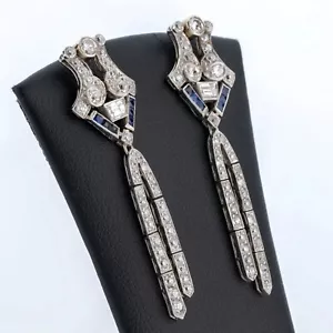 Art Deco Round Cut Lab Created Diamond & Sapphire Engagement 925 Silver Earrings - Picture 1 of 7