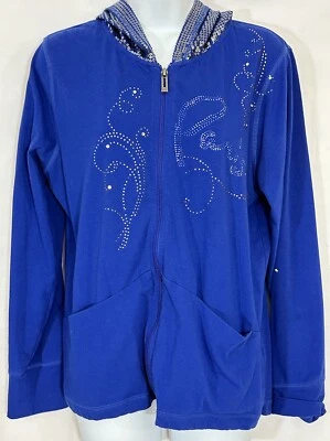 Onque Casuals Size L Blue Sequin Hooded PARIS Script Sweatshirt Jacket Full Zip - Image 1 of 4