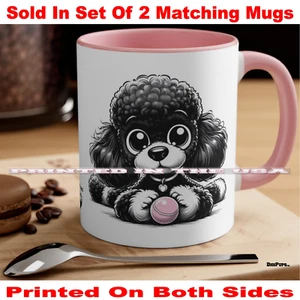 DigiPups Poodle Puppy Dog Playing Pink Ball Toy Cartoon Coffee Cup 2 Mug Set - Picture 1 of 3
