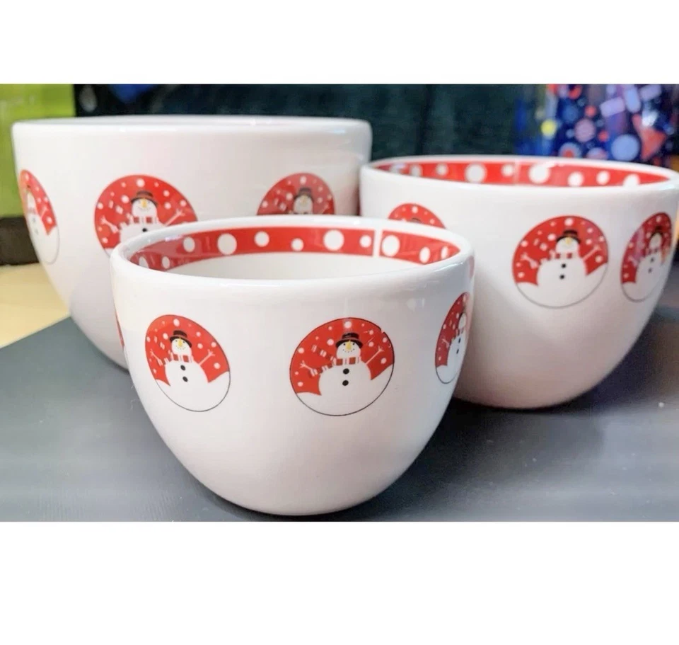 复古 Century Snowman 圣诞嵌套混合碗 3 件套红色白色圆点 — 第 1/4 张图片