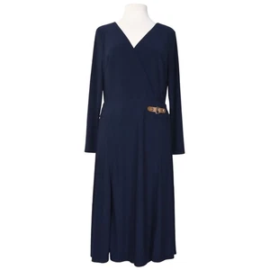 Lauren Ralph Lauren Dress Size 10 Navy Blue Belted Buckle Midi A-Line Long Sleev - Picture 1 of 15