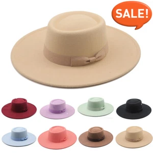 Women Ladies Elegant Bow Fedora Wide Brim Wool Felt Panama Church Derby Top Hat~ - Picture 1 of 19