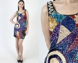 Vtg Black Beaded Dress Bright 80s Sequin Cocktail Party New Wave Glam Mini 6 - Picture 1 of 7