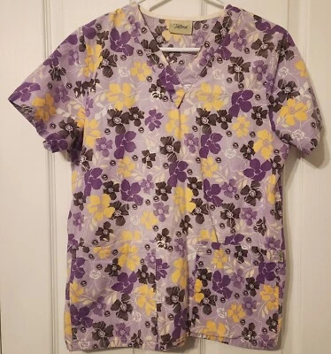Tafford Scrub Top Womens Small Purple Floral Yellow Flowers V Neck Pockets  - Image 1 of 4