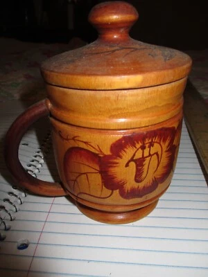 Ручной работы расписанные экзотические цветы деревянная чашка с крышкой художник Josue подписанный старинный VGC - Изображение 1 из 4