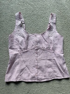 Hollister Linen Blend Button Through Floral Pink Tank Top Tee Embroidered Large - Picture 1 of 10