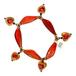 Lalo Orna BRACELET Heart Dangle Beaded Charms Red Orange 7-9" Stretch NWT - Picture 1 of 4