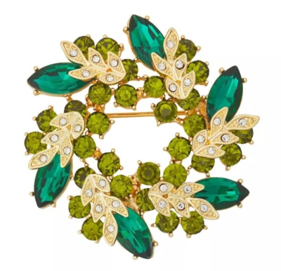 Prendedor corona de diamantes de imitación verde Napier tono dorado nuevo y en caja vacaciones de Navidad Foto 1 de 2