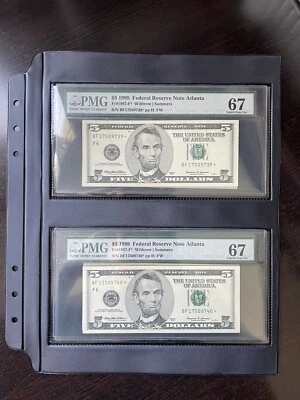 1999 $5 FRN Star Note Atlanta PMG67 4 Consecutive Notes  - Image 1 of 2