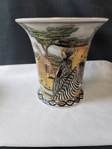 Vintage Oriental Accent Raised Glaze Zebra Giraffe African Safari Vase - Picture 1 of 14