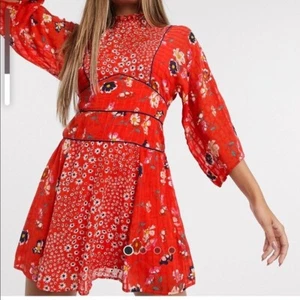 ASOS Red Flowered Boho Dress Size 12 - Picture 1 of 3