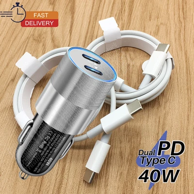车载充电器 40W 双型 USB-C 快速适配器 PD 线 适用于 iPhone 15/16/17/三星 — 第 1/4 张图片