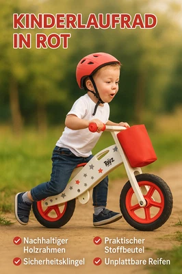 Kinderlaufrad Holz ab 2 Jahre – höhenverstellbar, mit Korb, Klingel & Bremse - Bild 1 von 2