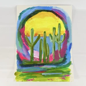 Arte Pintado Original Abstracto Saguaro Cactus Desierto Acrílico Colorido 9"x12" - Imagen 1 de 11
