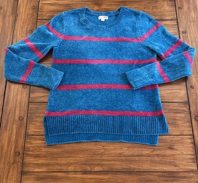 Maison Jules Womens  Sweater Teal / Pink Striped Chenille Soft Cozy Knit Medium - Image 1 of 4