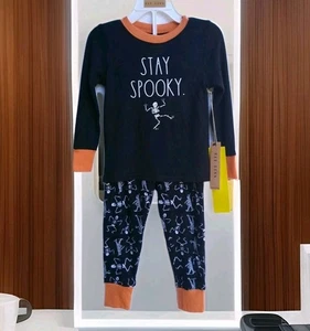 NWT Rae Dunn Crewneck Snug Fit Stay Spooky Skeleton Pajama Set 3T Blk Halloween  - Picture 1 of 8