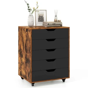 5 Drawer Chest Storage Dresser Floor Cabinet Organizer w/ Wheels Rustic Brown - Picture 1 of 8
