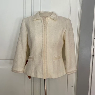 Jessica Howard Petite Ivory Tweed Jacket Fringed Trim Career Blazer Size 10 - Image 1 of 4