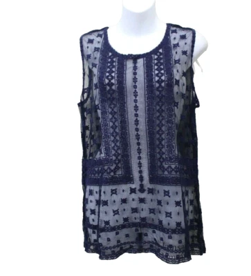 Blusa Laundry Shelli Segal Bordada Encaje Transparente Sin Forro Talla M Azul Foto 1 de 4