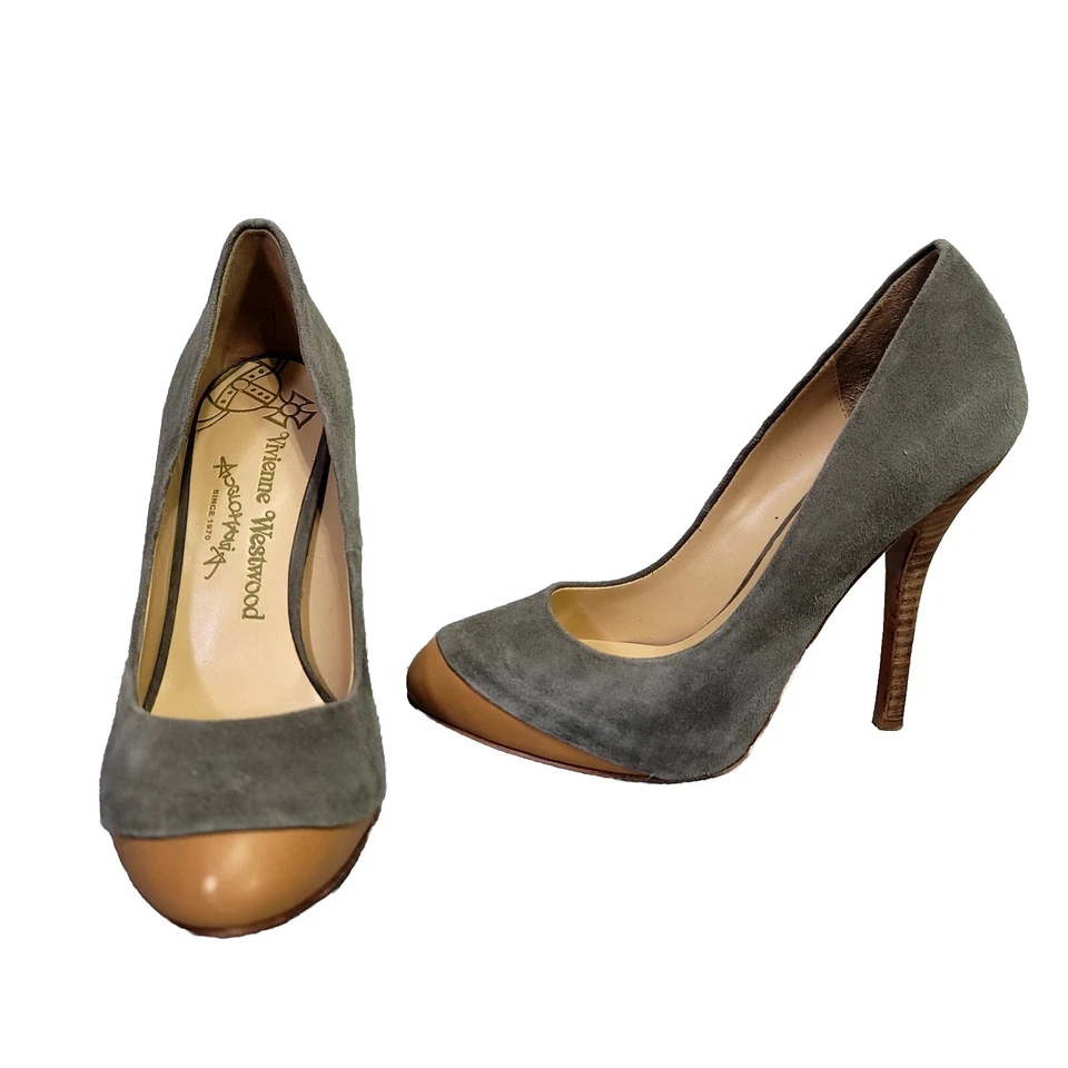 Vintage 90s Vivienne Westwood Anglomania 37 Grey Suede Tan Colorblock Pumps Heel - Image 1 of 4