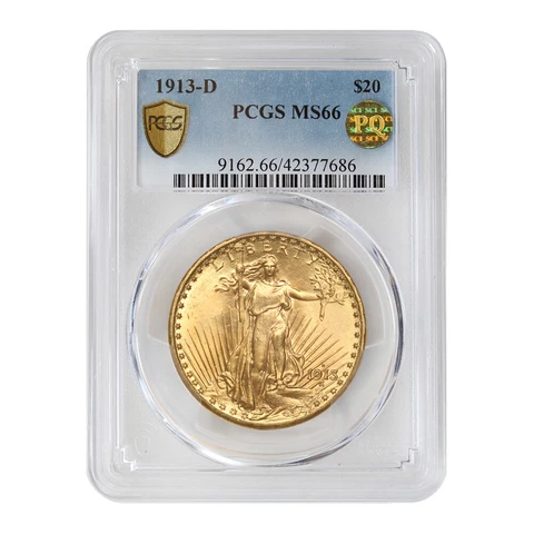 1913-D $20 Gold Saint Gaudens PCGS MS66 PQ Approved Gem Graded Double Eagle Coin Cover
