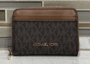 MICHAEL KORS JET SET TRAVEL MEDIUM ZIP AROUND CARD CASE WALLET SIGNATURE BROWN - Picture 1 of 9