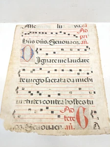 Antique Medieval Vellum Chant Latin illuminated manuscript music Gregorian 19x16 - Picture 1 of 8