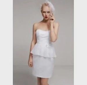 NWT David's Bridal Sz 6 Short Dress White Peplum Strapless Reception Destination - Picture 1 of 10