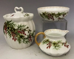 3 Piece Set Royal Crown Derby Sugar Bowl, Creamer, Waste Bowl Gooseberry Pattern - Picture 1 of 8