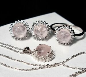 Set with Natural Morganite Gemstone, 925 Sterling Silver, Chain 16,5Inch, 8US