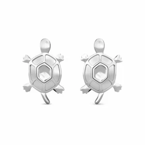 14K Solid White Gold 12MM Children's Turtle Stamping Push Back Stud Earrings - Picture 1 of 1