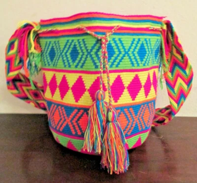 Bolso Wayuu Mochila Bucket Boho Colombia Rioacha Neón Amarillo Naranja Verde Nuevo #36 Foto 1 de 4