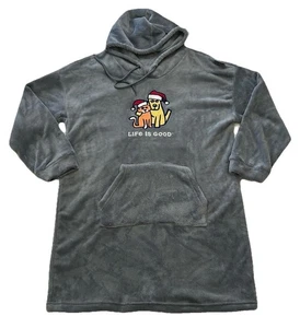 NWT Life is Good Size XL Women Gray Fleece Christmas Hooded Nightgown Cat Dog - Picture 1 of 8