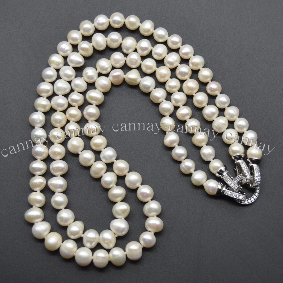 Ожерелье с 2 нитями натурального белого пресноводного культивированного жемчуга 7-8 мм 18-20 дюймов - Изображение 1 из 4