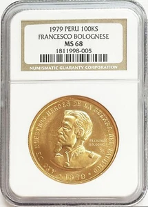 1979 GOLD PERU 1 OZ FRANCISCO BOLOGNESE HEROES 100,000 SOLES NGC MINT STATE 68 - Picture 1 of 2