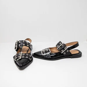 Bailarina Ganni Wide Welt Hebilla Imitación Cuero Punta Zapatos Planos Negros 9 - Imagen 1 de 4