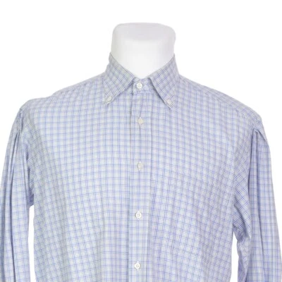 Luciano Barbera Italian Cotton Button Down Blue White Brown Dress Shirt 15-31 - Image 1 of 4