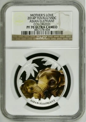 2014 Mother's Love Asian Elephant Tuvalu 1/2oz .999 Silver MS70 Ultra Cameo 4500 - Image 1 of 3