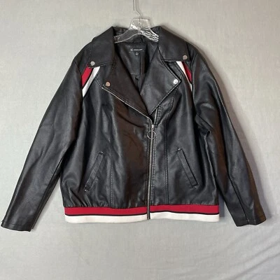 INC International 女式摩托车夹克,尺寸 1X 黑色人造皮革条纹装饰 — 第 1/4 张图片