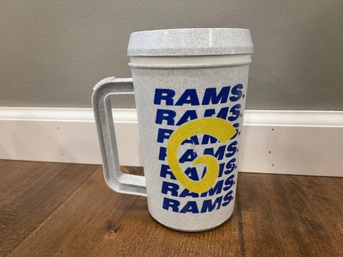 Vintage LA/STL Rams NFL Football 1996 Super Thermo Tailgate Travel Mug Thermos Cover