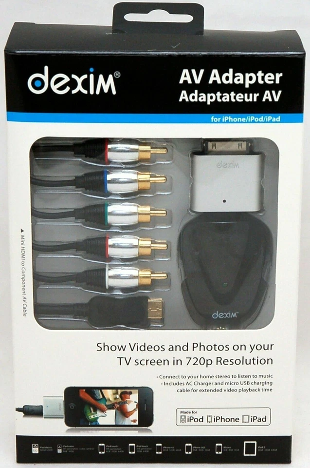 NEW Dexim 30-Pin AV TV Adapter 720p Component Cable iPhone 3GS/4S iPod iPad/2/3 - Image 1 of 4