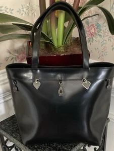 Lamarthe Paris Black Leather Silver Charm Double Strap Tote Purse Bag $389 - Picture 1 of 12