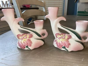 Pair of Vintage Camark Pottery Double Candle Holders Pink & Yellow Iris - Picture 1 of 5