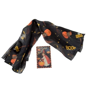 Halloween Vintage Whimsical Scarf Black Witch Pumpkin Haunted House Estate Sale - Imagen 1 de 10