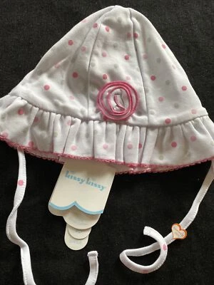 Kissy Kissy Nuevo Con Etiquetas Pima Blanco/Rosa/Gris Lunares Borde Crochet Sombrero para el Sol Med 6-9Mos Foto 1 de 4
