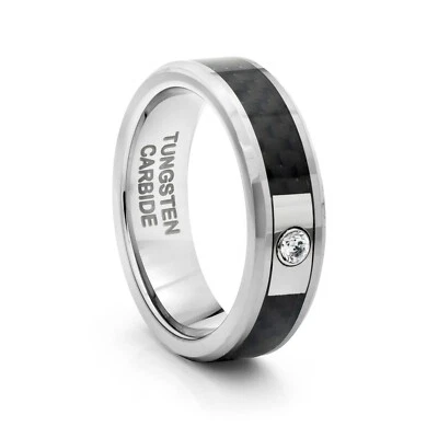 TungstenMasters 8 毫米/6 毫米钨黑色碳纤维结婚戒指 带 CZ — 第 1/3 张图片