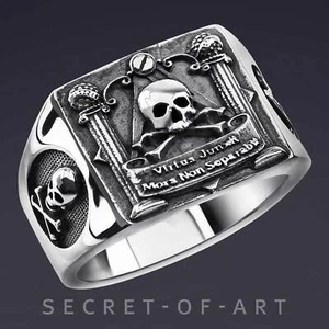 Freemason Ring Masonic Skull Pillars Signet Silver 925 Virtus Biker Memento Mori - Picture 1 of 12
