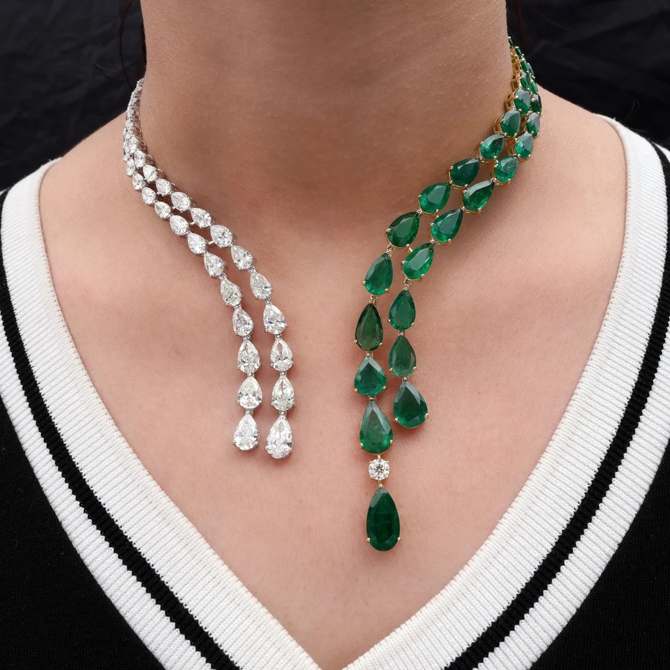 61.64 Tcw Zambian Emerald SI/H Pear Diamond Choker Necklace 18k Two Tone Gold - Image 1 of 4