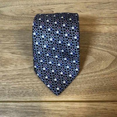 Gravata masculina 100% seda SANTOSTEFANO ITÁLIA luxo geométrica azul/vermelho/branco em excelente estado usado - Imagem 1 de 4