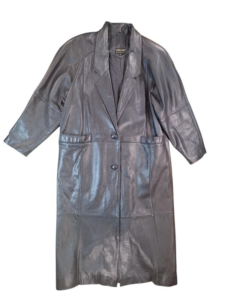 Винтажный Pelle 100% кожи черный Тренч MED гранж готики Cyber ретро 2 кнопки - Изображение 1 из 4